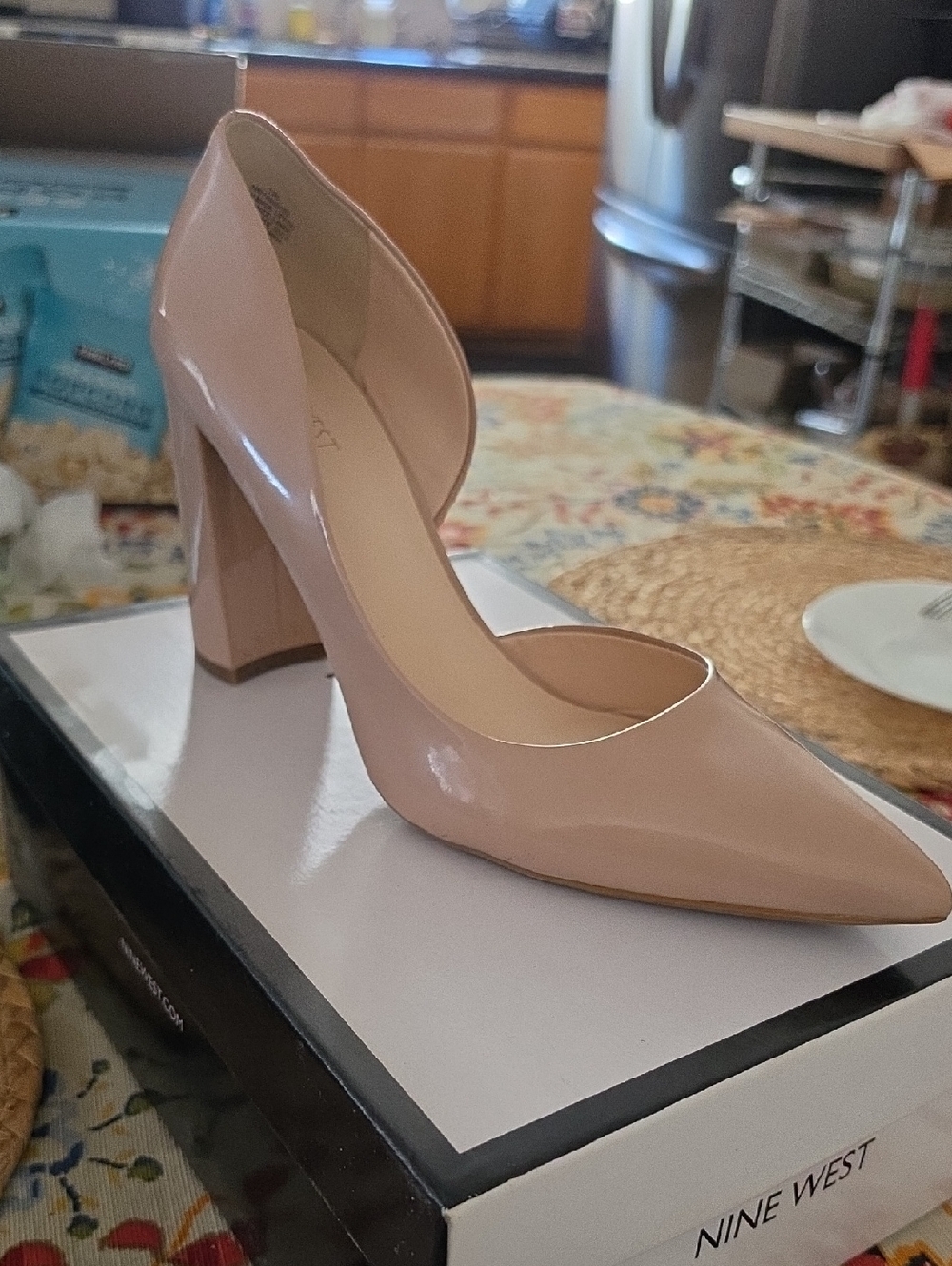 Nine West Women's Blush Patent Pointed Toe Block Heel Pumps